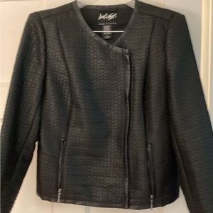 Moto jacket with textured fabric and faux leather detail